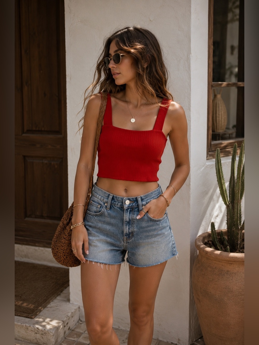 American Eagle Wide Strap Cropped Tank Top in Red Small